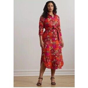 Lauren Ralph Lauren Women's Floral Checked Linen Shirt Dress Red Pink Multi 6